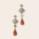 14K YG Square with Prong Set Turquoise and Red Coral Drop