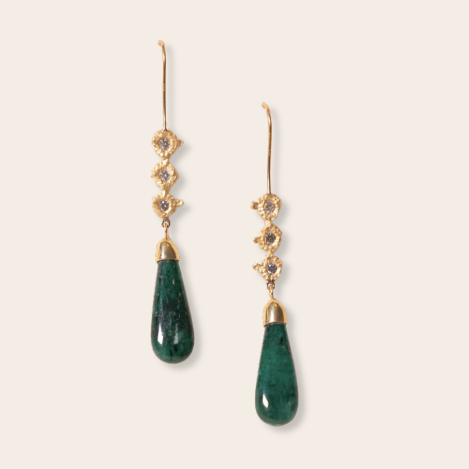 14K Yellow Gold With Diamonds And Emerald Drops