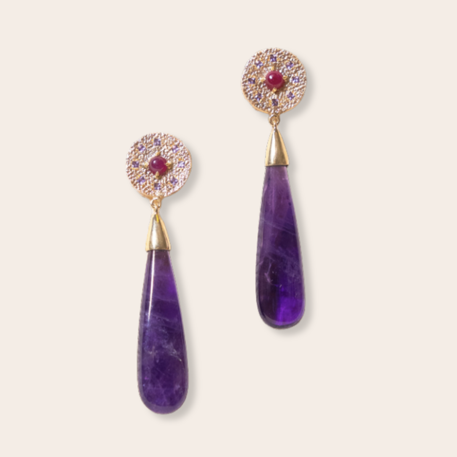 14K Yellow Gold Disc with Ruby, Lavender Sapphires, and Amethyst