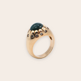 14K Yellow Gold Scalloped Pinky Ring with Green Sapphire Cab & Grey Sapphires