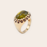 14K Yellow Gold Scalloped Ring with Green Tourmaline & Lavender Sapphires