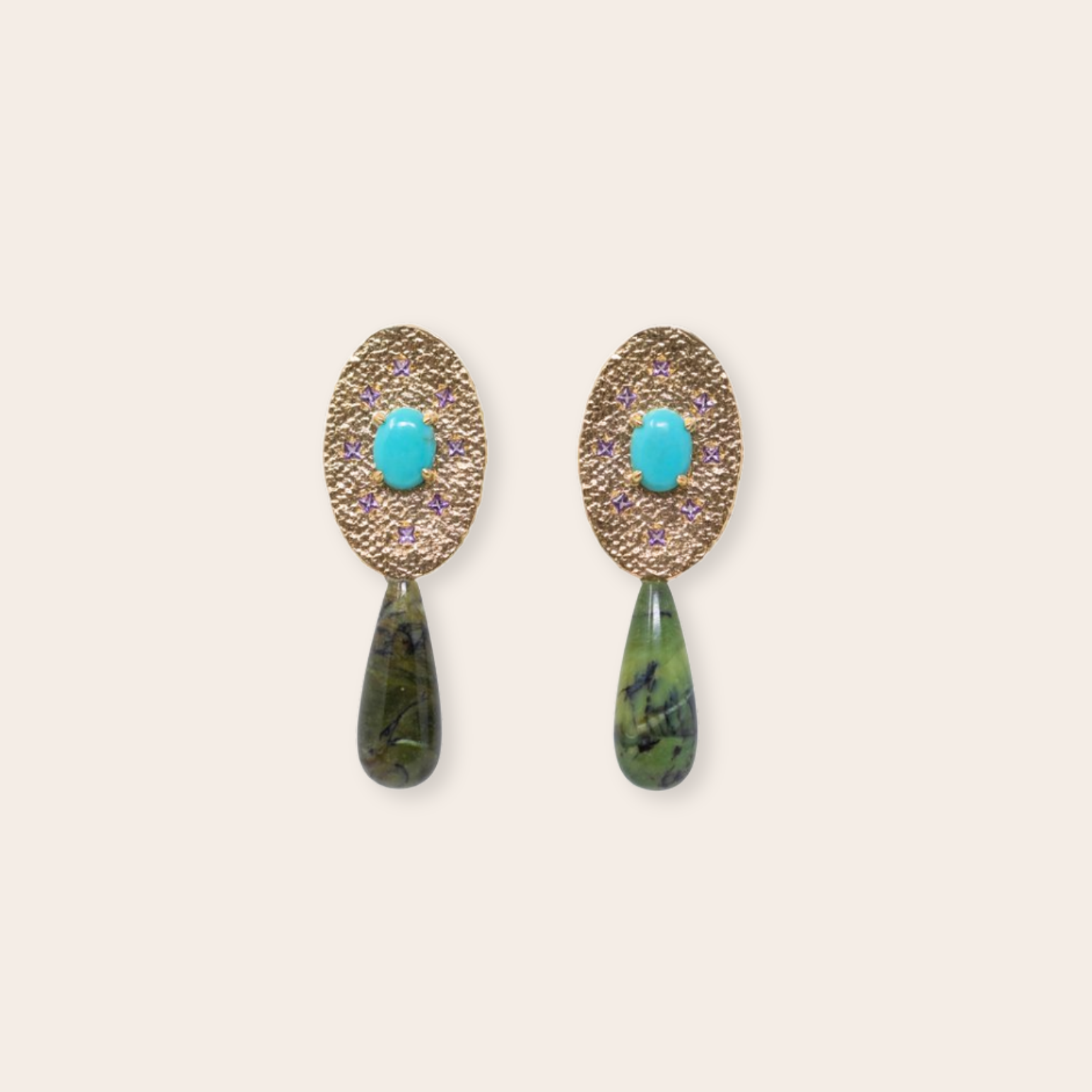 14K Yellow Gold Oval with Turquoise, Purple Amethyst and Green Opal14K Yellow Gold Oval with Turquoise, Purple Amethyst and Green Opal