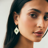 14K Yellow Gold Square with Bezel Set Emerald and Bead Set Turquoise on French Wire