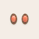 14k Yellow Gold Oval Posts with Prong Set Coral and Bead Set Ruby