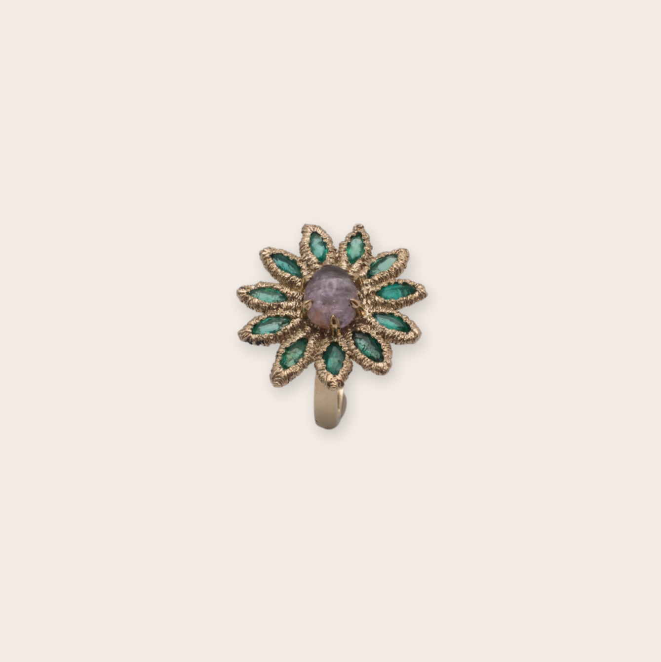 14K Yellow Gold Flower Ring with Bead Set Emeralds and Prong Set Sapphire Cab Center