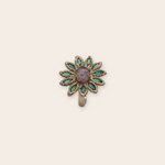 14K Yellow Gold Flower Ring with Bead Set Emeralds and Prong Set Sapphire Cab Center