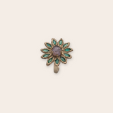 14K Yellow Gold Flower Ring with Bead Set Emeralds and Prong Set Sapphire Cab Center