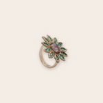 14K Yellow Gold Flower Ring with Bead Set Emeralds and Prong Set Sapphire Cab Center