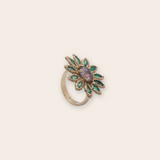 14K Yellow Gold Flower Ring with Bead Set Emeralds and Prong Set Sapphire Cab Center