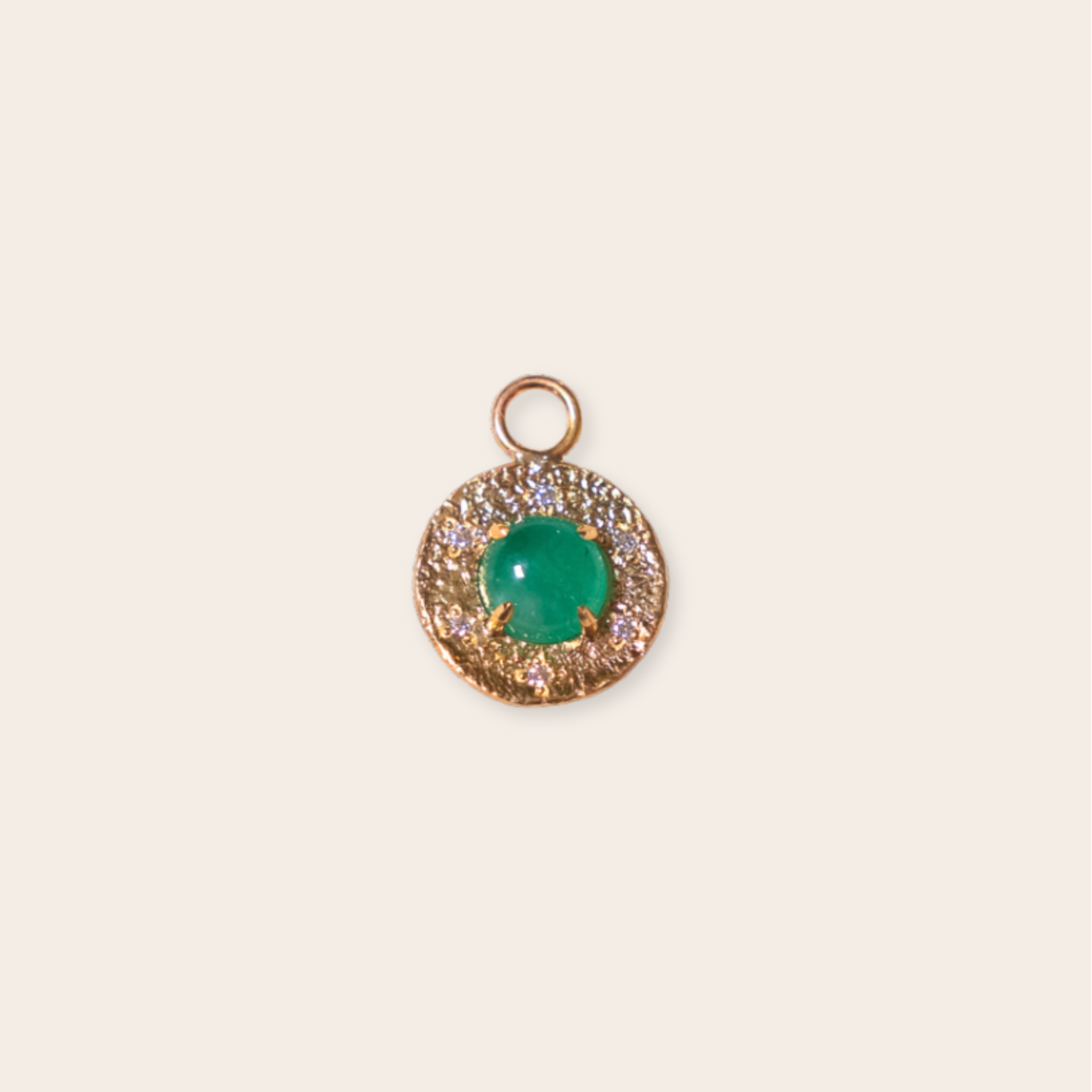 14k Yellow Gold Round Charm with Prong Set Emerald and Bead Set Diamonds