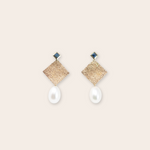 14k Yellow Gold Canvas Square with Blue Sapphire and Pearl Earring