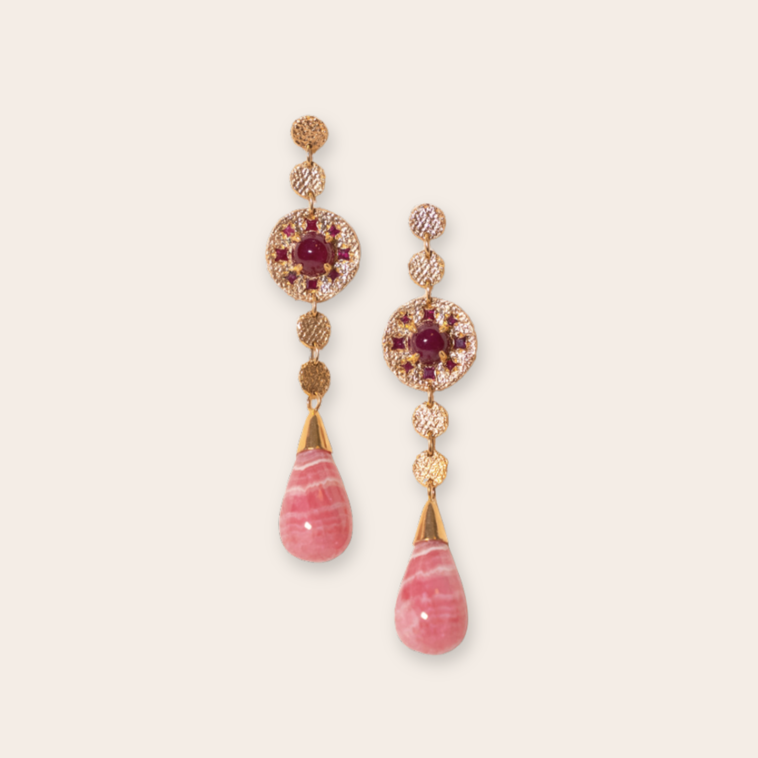 14K Yellow Gold Small Round Discs and Large Round Disc with Prong set Ruby Cabechon and Princess Cut Rubys, with Rhodochrosite Drops