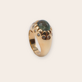 14K Yellow Gold Scalloped Pinky Ring with Green Sapphire Cab & Grey Sapphires