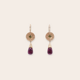 14K Yellow Gold Round Disc with Bead Set Sapphire & Diamonds and Ruby Drop