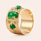 14K Canvas Cigar Band with Emerald Cabs and Bead Set Diamonds