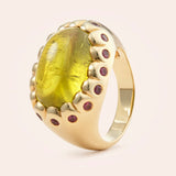 14K Yellow Gold Scalloped Ring with Green Tourmaline & Lavender Sapphires