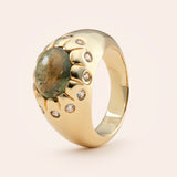 14K Yellow Gold Scalloped Pinky Ring with Green Sapphire Cab & Grey Sapphires
