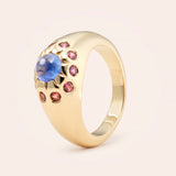 14K Yellow Gold Scalloped Pinky Ring with Blue Sapphire Cab & Lavender Sapphires