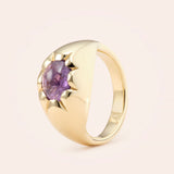 14K Yellow Gold Scalloped Pinky Ring with Purple Sapphire Cab