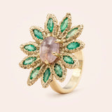 14K Yellow Gold Daisy Ring with Bead Set Emeralds & Prong Set Sapphire