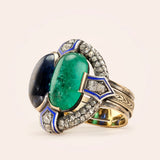 18K Yellow Gold Estate Ring with Emerald, Sapphire, Diamonds & Enamel