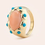 14K Yellow Gold Scalloped Ring with Coral & Turquoise