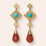 14K Yellow Gold Square with Prong set Turquoise and Red Coral Drop