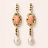 14k Yellow Gold Long Ovals with Prong Set Coral, Black Sapphires and Pearl Drop