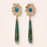 14K Yellow Gold Flower with Prong Set Turquoise and Matrix Opal Drops
