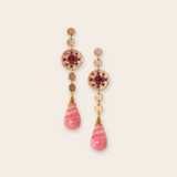 14K Yellow Gold Small Round Discs and Large Round Disc with Prong set Ruby Cabechon and Princess Cut Rubys, with Rhodochrosite Drops