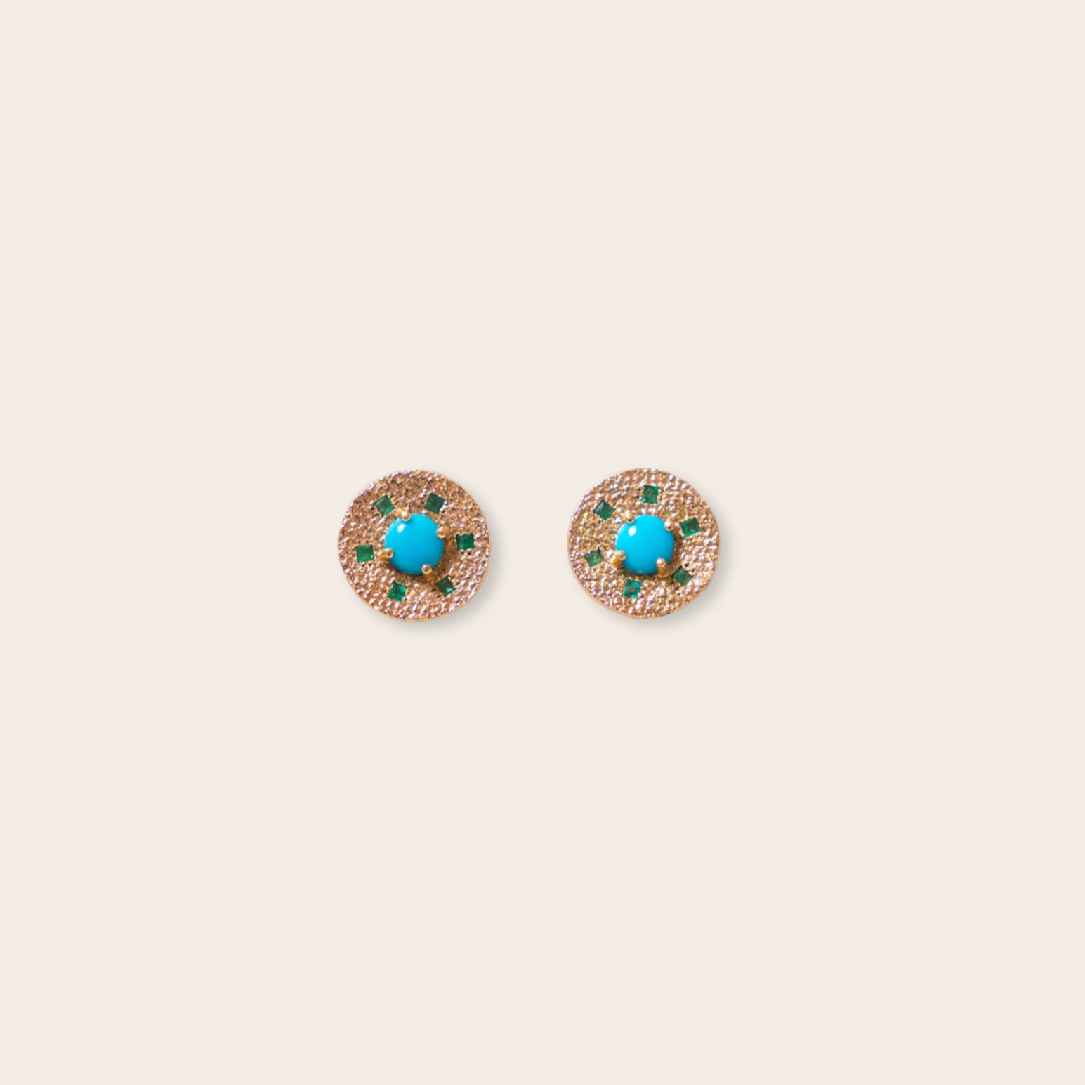 14K Yellow Gold Disc with Turquoise and Emeralds