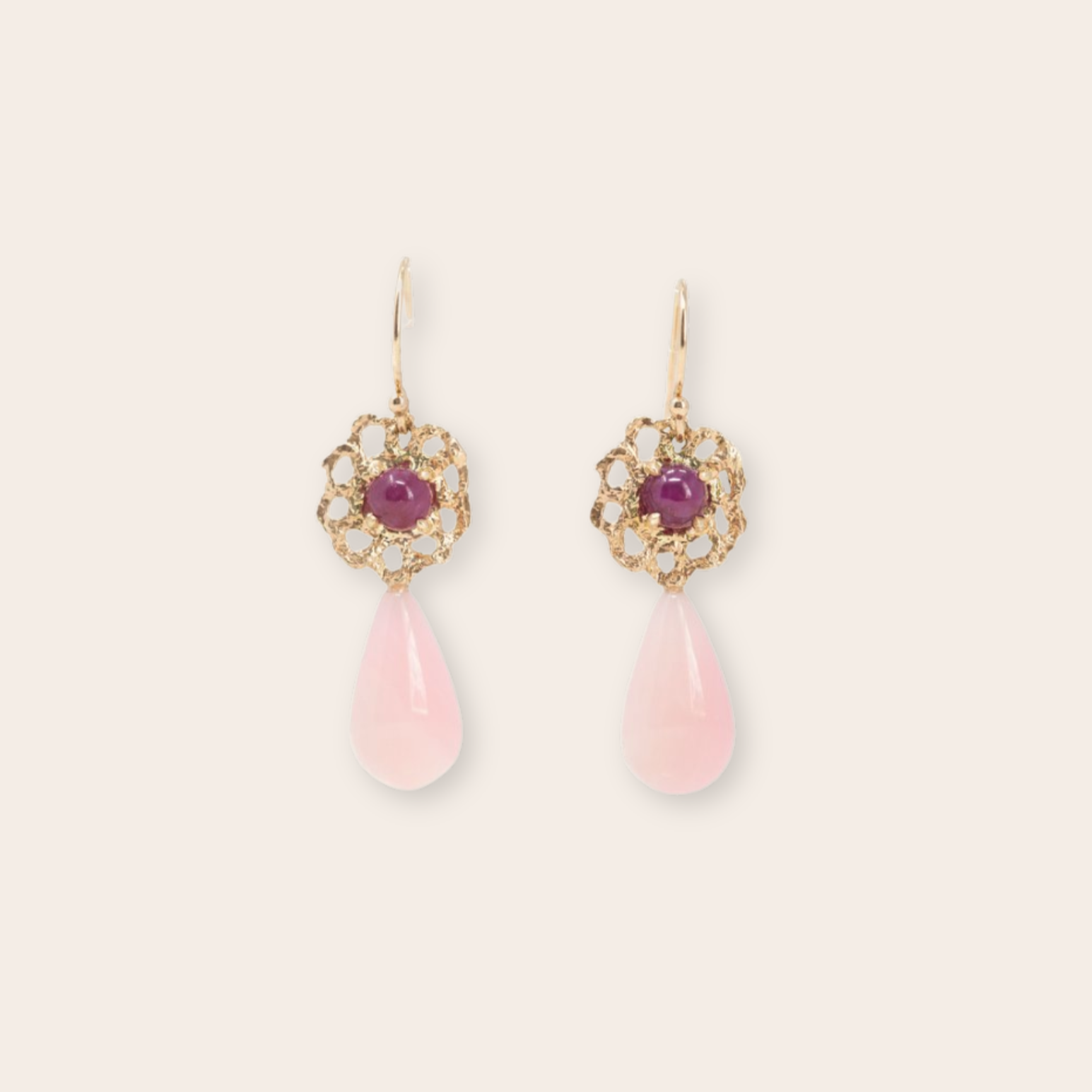 14k Yellow Gold Lace With Ruby Cabs and Opal Drop