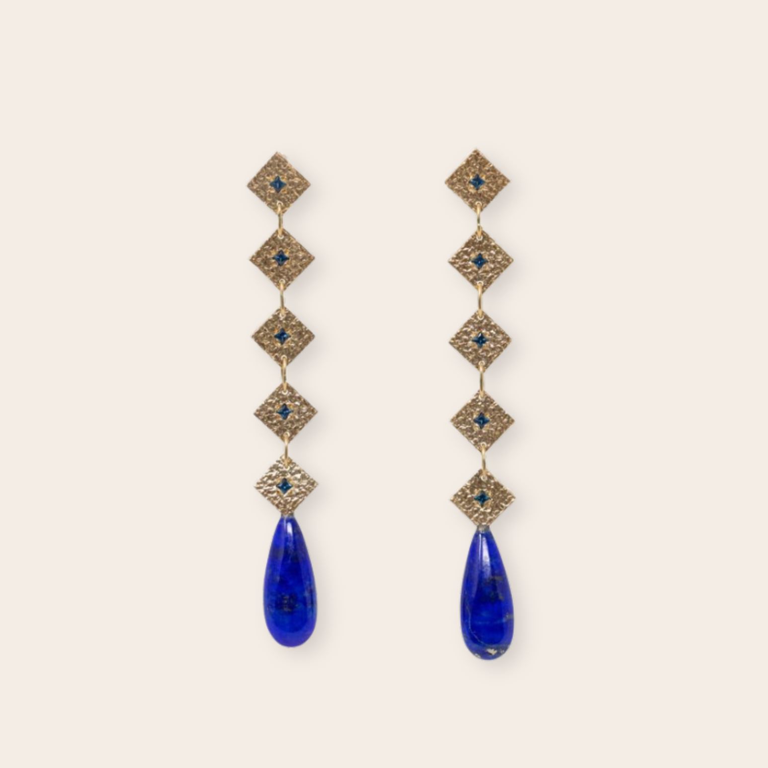 14K Yellow Gold Square drop with Sapphire and Lapis
