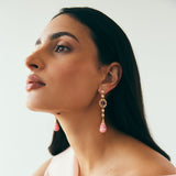 14K Yellow Gold Small Round Discs and Large Round Disc with Prong set Ruby Cabechon and Princess Cut Rubys, with Rhodochrosite Drops