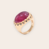 18K Yellow Gold Scalloped Statement Ring with Magenta Tourmaline & Grey Sapphires