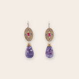 14k Yellow Gold Oval with Prong Set Marquis Ruby and Bead Set Iolite with Movado Opal with Gold Bead Cap on French Wire