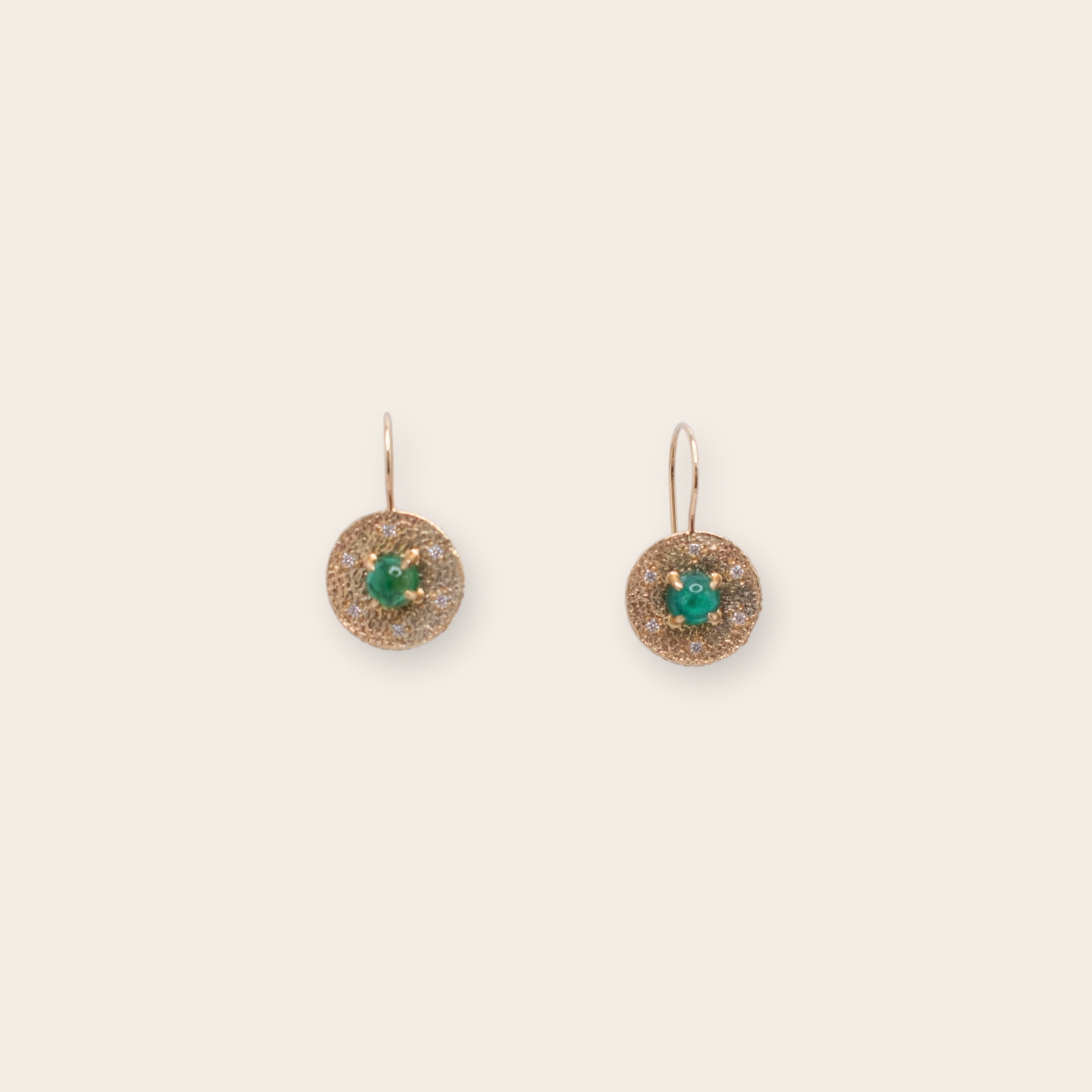 14K Yellow Gold Round Disc with Prong Set Emerald with Bead Set Diamonds on French Wire