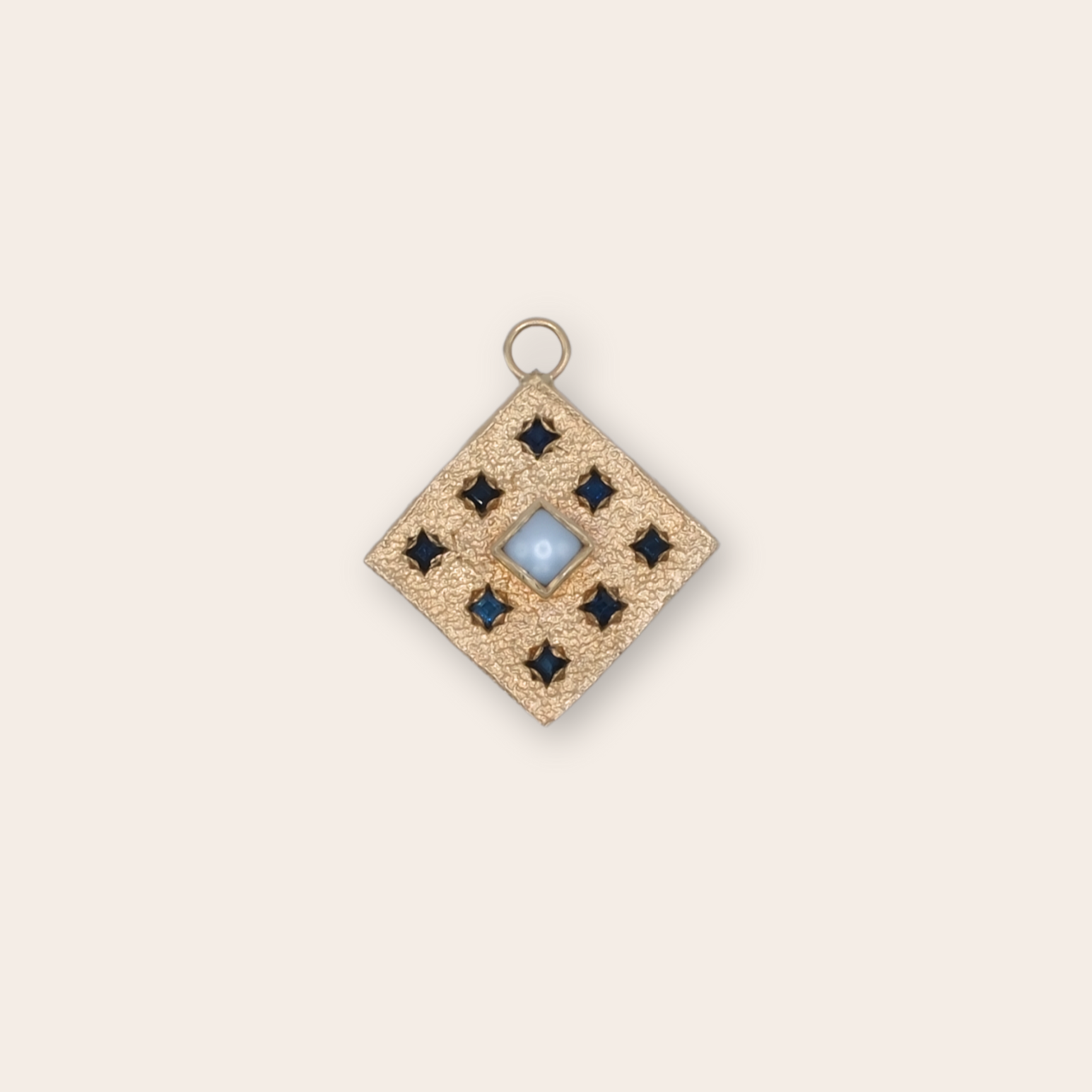 14K YG XL square with bezel pearl with 8 bead set blue sapphires
