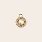14K YELLOW GOLD ROUND DISC WITH PRONG SET ROUND PEARL CENTER AND BEAD SET SAPPHIRES