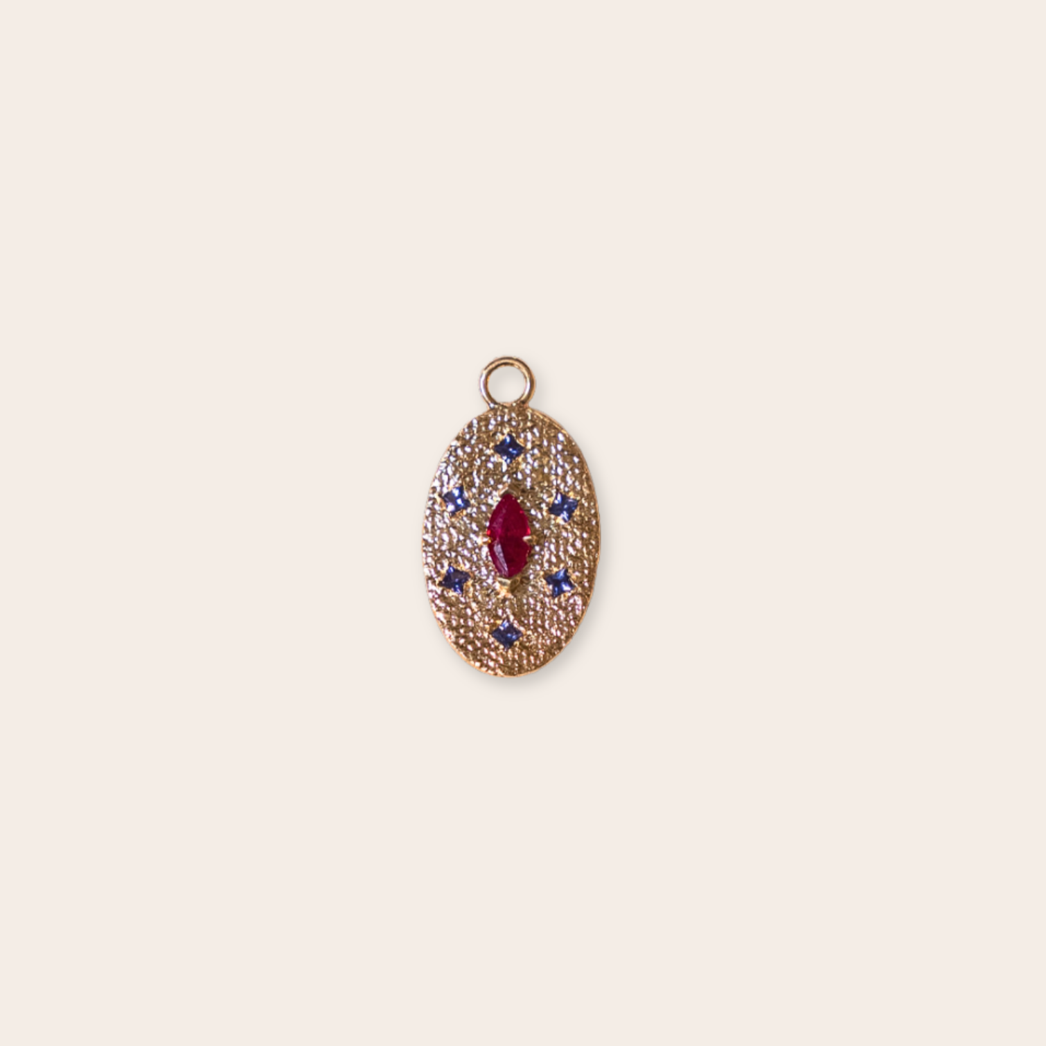 14k Yellow Gold Round Charm with Prong set Ruby Cabechon and Princess Cut Iolite