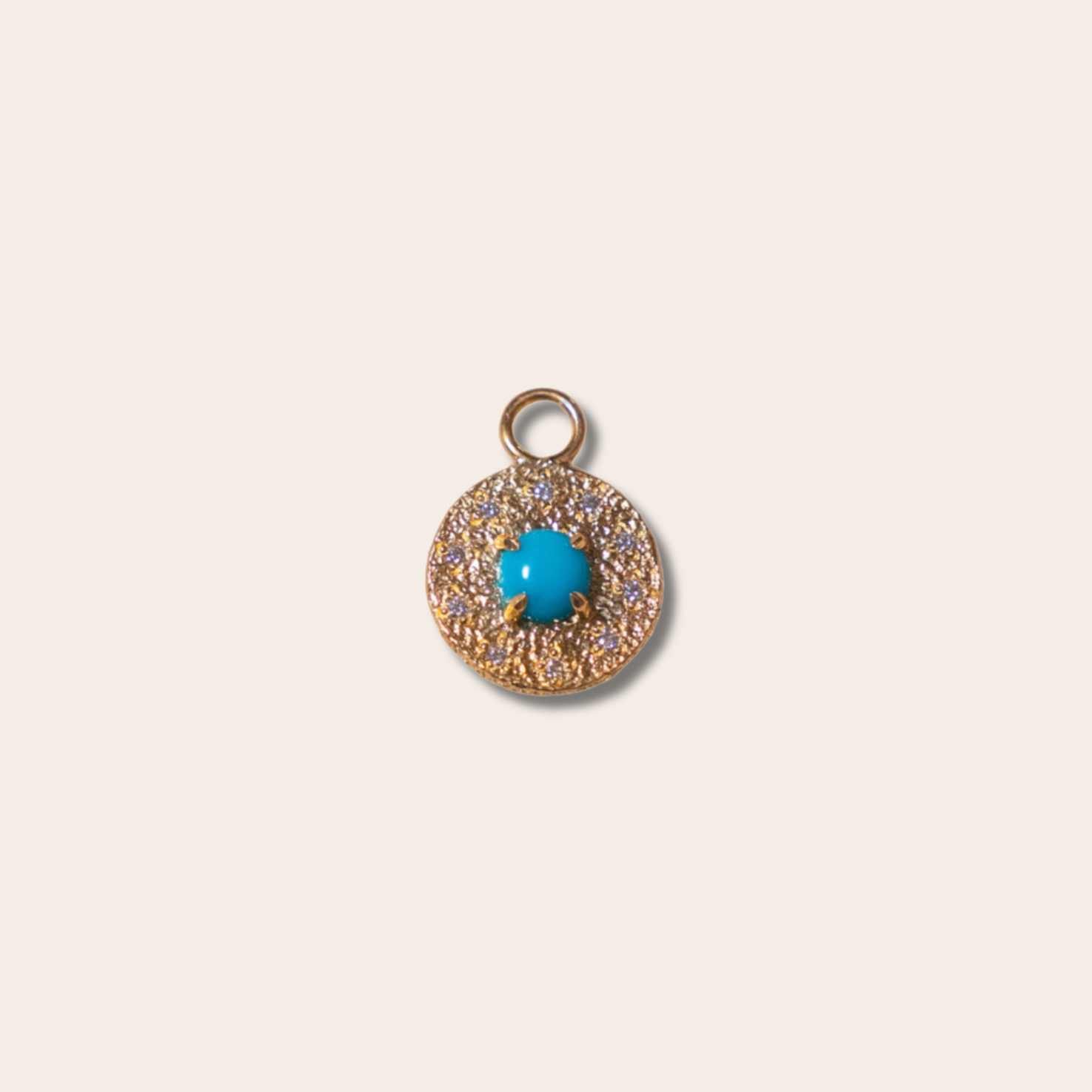 14K Yellow Gold Round Disc with Prong Set Turquoise and Bead Set Diamonds 